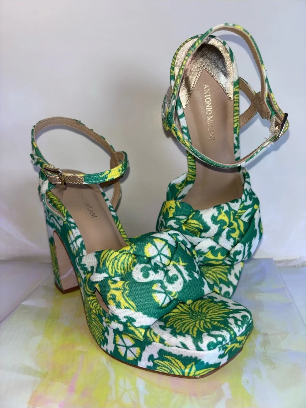 ANTONIO MELANI Green and Yellow Floral Platform Sandals